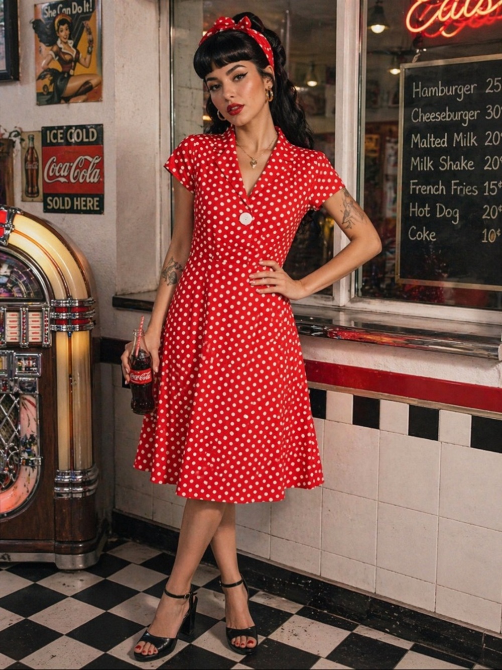 Vintage 90’s does 40’s April Cornell Red and White Polka Dot Midi Dress